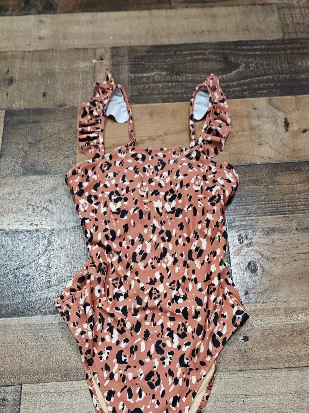 Old Navy One Piece Swimsuit Medium Leopard Print Ruffle Strap Rust Black